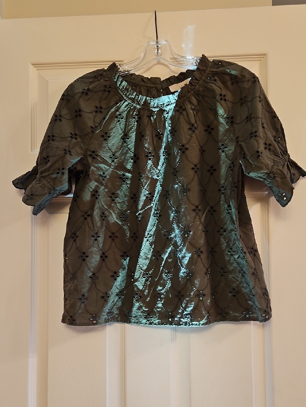 LOFT Olive Eyelet Puff Sleeve Blouse
